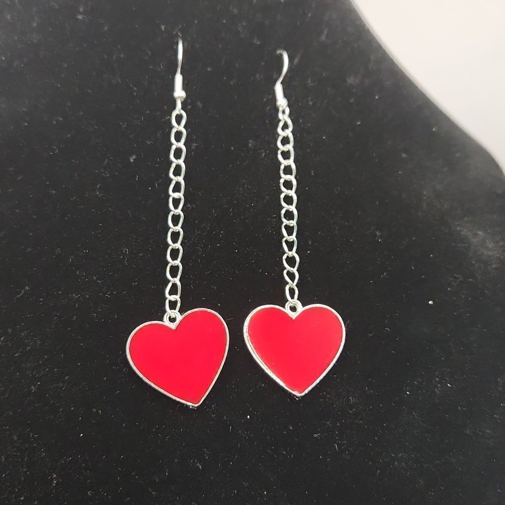 Repurposed handcrafted Red and Silver link chain drop dangle heart earrings